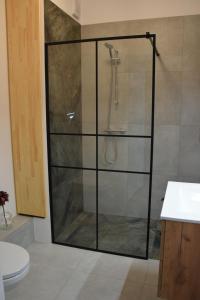 a shower with a glass door in a bathroom at Warsaw City Break II in Pruszków