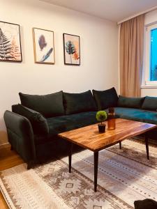 a living room with a green couch and a wooden table at Ski INN apartment Jahorina in Jahorina