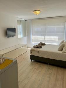 1 dormitorio con 1 cama y TV de pantalla plana en Apartamento en POCITOS vista al mar en Montevideo