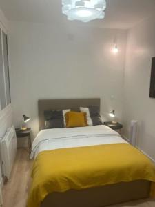 a bedroom with a bed with a yellow blanket at Chez Joseph in Mauléon