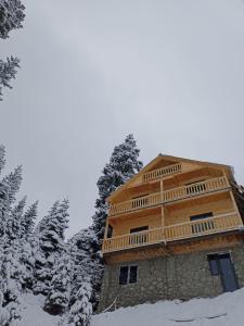 a wooden building in the snow with trees at Chalet Bakhmaro in Chʼkhakoura