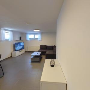 a living room with a couch and a tv at FeWo-Lieck in Heinsberg