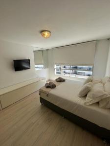 1 dormitorio con 1 cama y TV de pantalla plana en Apartamento en POCITOS vista al mar en Montevideo