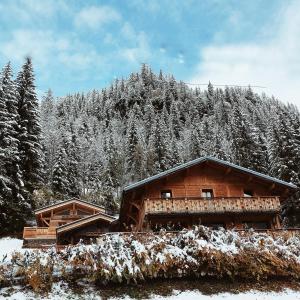 zwei Holzhütten vor einem schneebedeckten Wald in der Unterkunft Savoya Lodges in Châtel