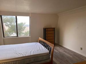 1 dormitorio con 1 cama, vestidor y ventana en One Bedroom Executive Condo Close to UNR and TMCC, en Reno