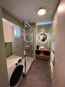 a bathroom with a shower and a sink and a mirror at L’entrelacs in Équemauville
