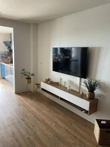 un salon avec une grande télévision murale à écran plat dans l'établissement KARUK'IDîLE-Appartement Vue Mer - Plage à 200m, à Gourbeyre