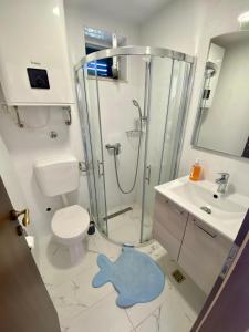 uma casa de banho com um chuveiro, um WC e um lavatório. em Apartmani Nede em Trogir