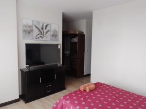 1 dormitorio con 1 cama y TV de pantalla plana en Departamento acogedor y moderno en Cochabamba