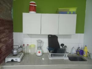 a kitchen counter with white cabinets and a sink at Finca Los Chichelos in Santiago del Estero