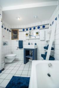 Rimpar的住宿－Ferienhaus Zum Goldschmied，浴室配有卫生间、浴缸和水槽。