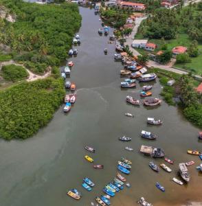 an aerial view of a river filled with boats at Mangue em flor in Maxaranguape