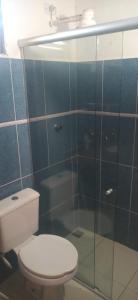 een badkamer met een toilet en een glazen douche bij Mangue em flor in Maxaranguape