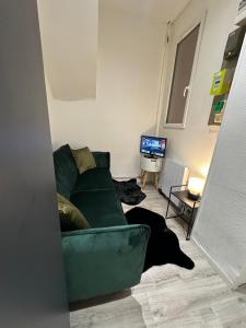 a living room with a green couch and a television at Superbe appartement hyper centre-ville de Melun in Melun