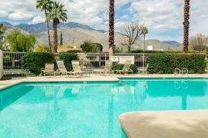 a large swimming pool with chairs and palm trees at Mesquite Mystique - 5566 in Palm Springs