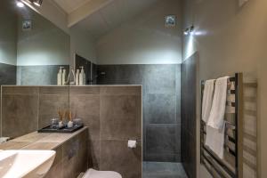 La salle de bains est pourvue de toilettes, d'un lavabo et d'une douche. dans l'établissement The Moorings Studio Apartments, à Oneroa