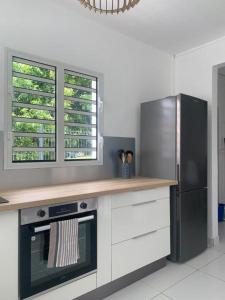 een keuken met een fornuis en een koelkast bij Studio La Caféière in Saint-Claude
