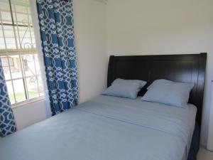 1 dormitorio con 1 cama con cortinas azules y ventana en Dover Apt 1 by Dover Beach en Christ Church