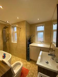 a bathroom with a toilet and a sink at Delightful Victorian House in Manchester