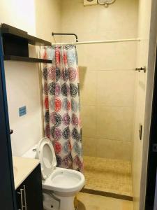 a bathroom with a toilet and a shower curtain at Loft estudio centrico in Ciudad del Carmen