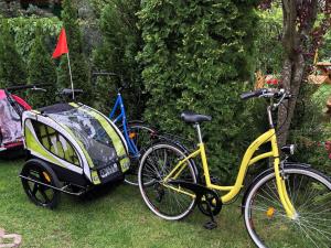 two bikes parked in the grass with a car attached at Holiday cottages near the sea, Sarbinowo in Sarbinowo
