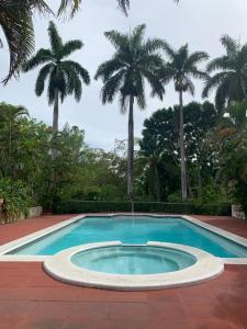 a swimming pool with palm trees in the background at Guango Grove Cozy Corner in Montego Bay