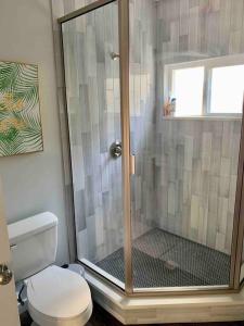 uma casa de banho com um chuveiro e um WC branco. em StA Hideaway - Upper Unit Apt Minutes From Beach em Saint Augustine