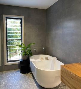 una grande vasca bianca in un bagno con una pianta di Hyams Beach House B - Brand new lux beach oasis a Hyams Beach Altre 23 foto