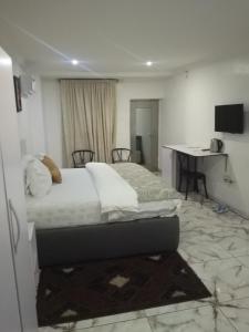 a bedroom with a bed and a desk in it at Gregory University Guest House in Lagos