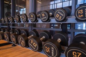 un mucchio di manubri in mostra in palestra di Societe Suites By iHost Global a Kuala Lumpur Altre 116 foto