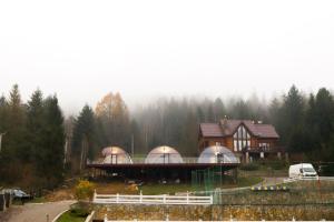 a large house with domes in the middle of a field at Wellland Hotel in Yaremche