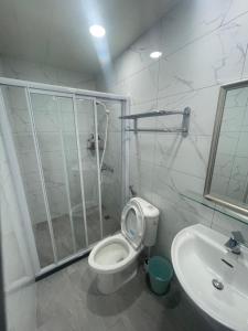 uma casa de banho com um chuveiro, um WC e um lavatório. em Hongqiao Inn 桃園市民宿編號136號 em Longtan