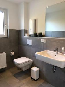 ein Badezimmer mit einem Waschbecken, einem WC und einem Spiegel in der Unterkunft Designer-Apartment near Düsseldorf+Cologne (Apt.3) in Neuss