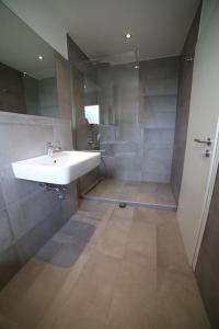 ein Badezimmer mit einem weißen Waschbecken und einer Dusche in der Unterkunft Designer-Apartment near Düsseldorf+Cologne (Apt.3) in Neuss