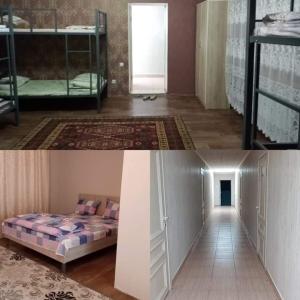 two pictures of a room with a bed and a hallway at Азия Hotel in Taraz