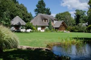una casa con un gran patio con un estanque y una casa en Maylodge Country Cottages, en Hogsback
