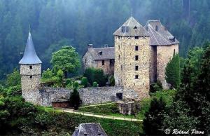 een oud kasteel met een toren op een heuvel bij Au Comilfo in Malmedy