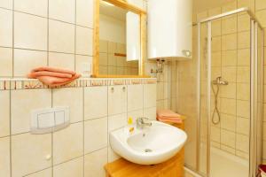 ein Bad mit einem Waschbecken, einer Dusche und einem Spiegel in der Unterkunft Hauptstrasse 14 DHH in Ostseebad Koserow