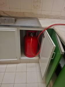 a red fire hydrant in a cabinet in a kitchen at NuZee Hostel for Girls only in Dubai