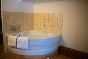 eine Badewanne im Bad mit einer Kachelwand in der Unterkunft Hotel Malixerhof in Malix