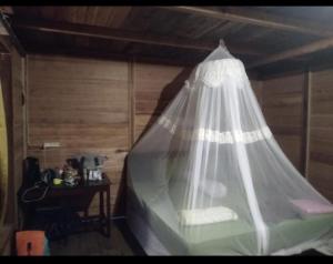 a bed with a mosquito net in a room at Beser Bay Homestay in Besir