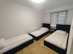 een kleine kamer met 2 bedden en een raam bij Mieszkanie ul. Raciborskiego in Mielec