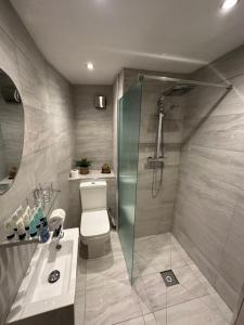 a bathroom with a shower and a toilet and a sink at ISLAND LODGE Since 1835 Barbican, Free Limited Parking, Perfect for Ferry terminal in Plymouth +42 photos