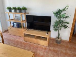 uma televisão de ecrã plano numa bancada de madeira numa sala de estar em Encantador piso con vistas al mar em Puerto de Mazarrón