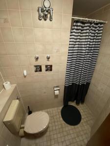 マンハイムにあるCity Apartment Mannheimのバスルーム(トイレ、白黒のシャワーカーテン付)