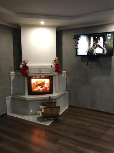 a living room with a fireplace and a flat screen tv at «У полоні гір» in Verkhovyna