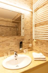 ein Badezimmer mit einem weißen Waschbecken und einem Spiegel in der Unterkunft Hotel Max Inn in Bratislava