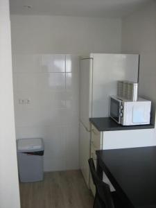 een kleine keuken met een magnetron op een aanrecht bij Modern zomerhuis voor 4 personen in Wijk aan Zee
