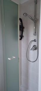 una ducha con puerta de cristal en un baño en Mansarda luminosa, en Turín 29 fotos más