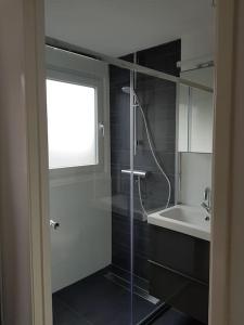 a bathroom with a shower and a sink at Zomerhuisje 18K - 1 km van het strand in Wijk aan Zee